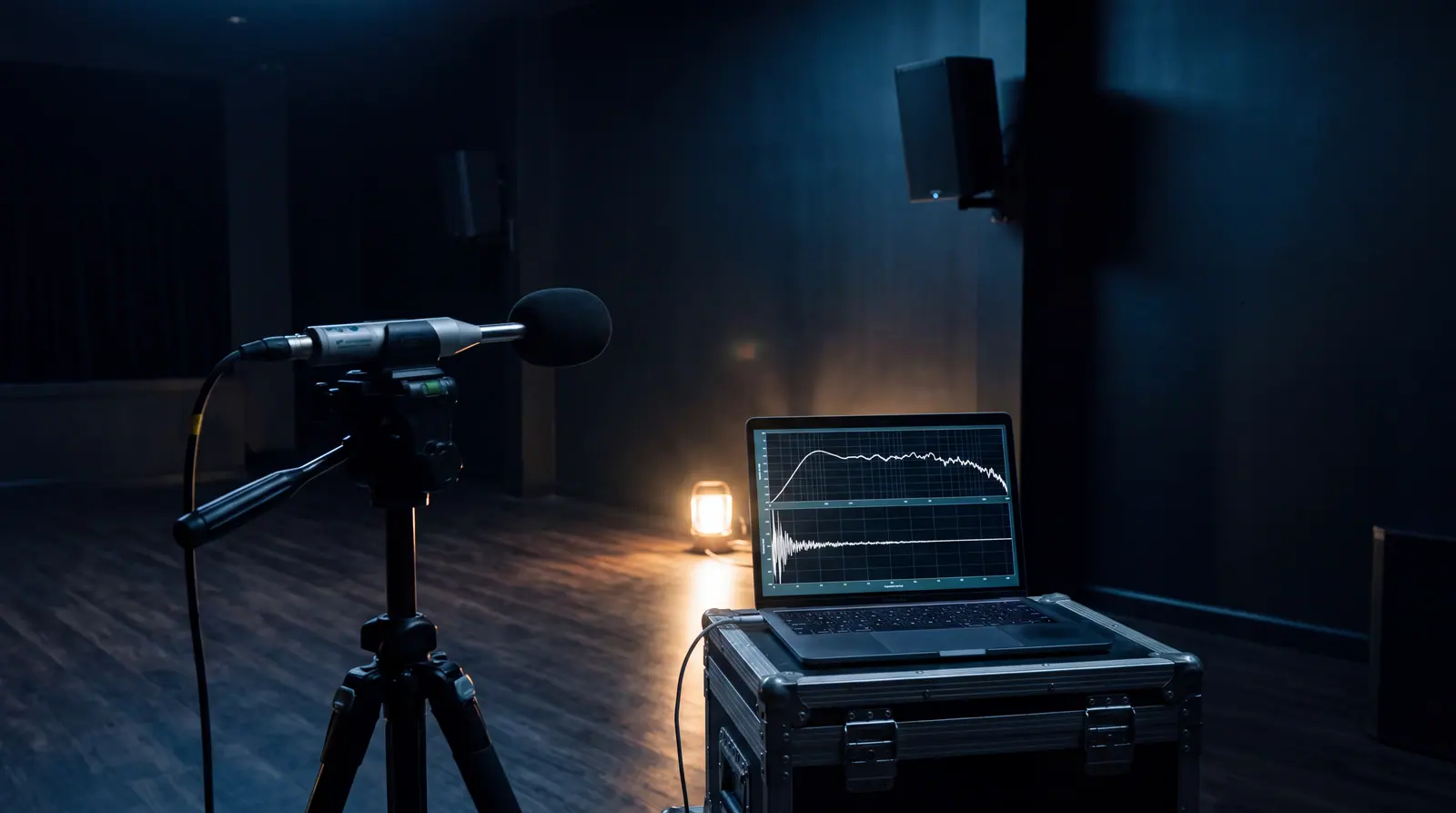 Design concept: a calibrated measurement microphone on a tripod in an empty venue with an acoustic measurement display alongside.