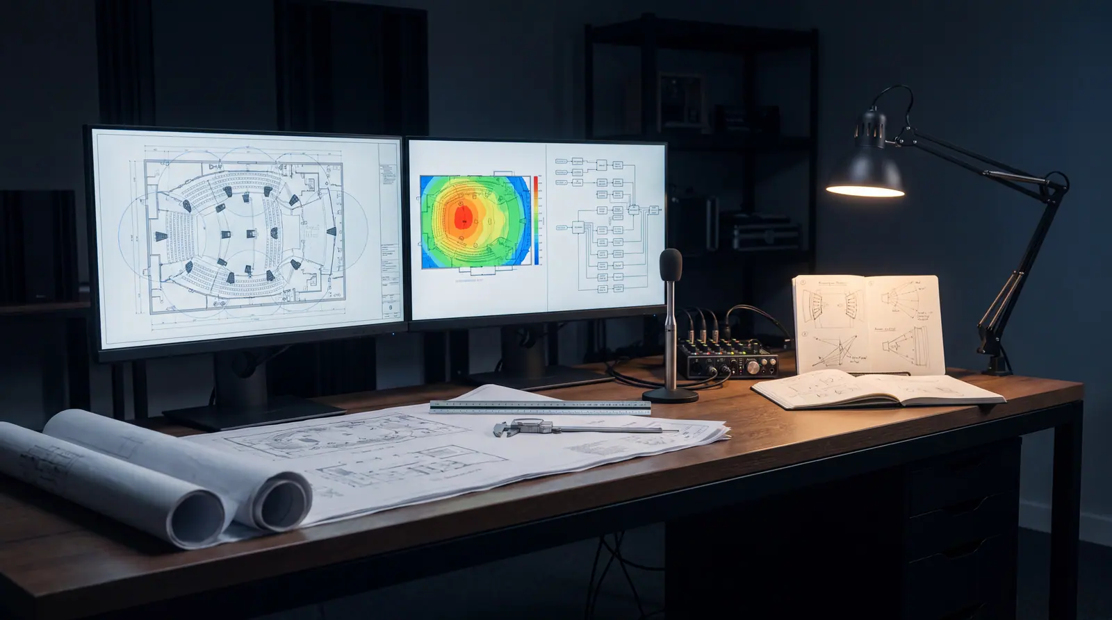 Design concept: an audio system-design workspace showing a reflected-ceiling plan with loudspeaker coverage mapping and signal-flow documentation.