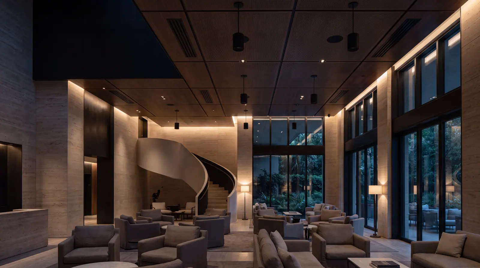 Design concept: a hotel lobby lounge in the evening with flush ceiling loudspeakers on an even grid.